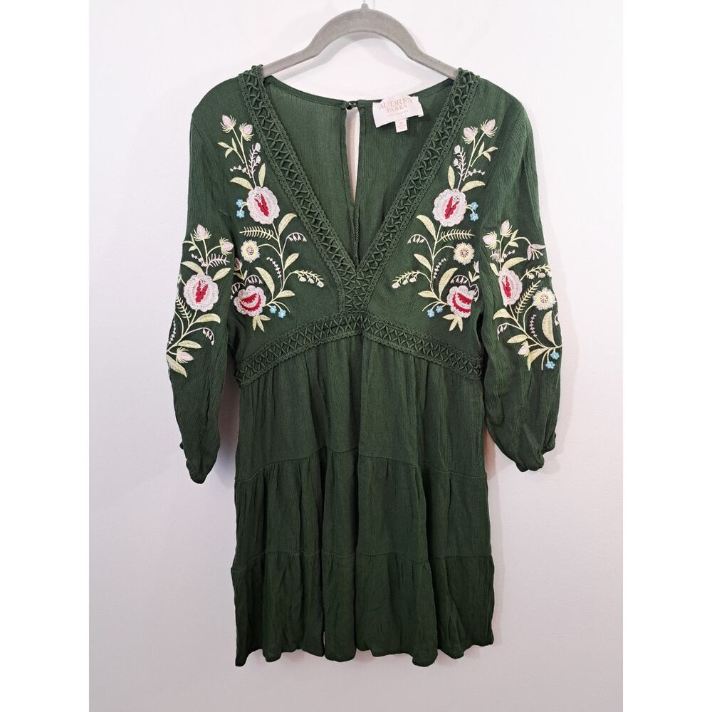 Audrey Parks Francesca's Green Boho Embroidered Tunic Mini Dress Medium